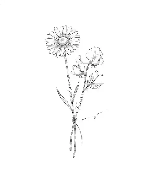 A fine-line tattoo design of daisy and sweet pea tied together, with the names Emma and Finn on the stems