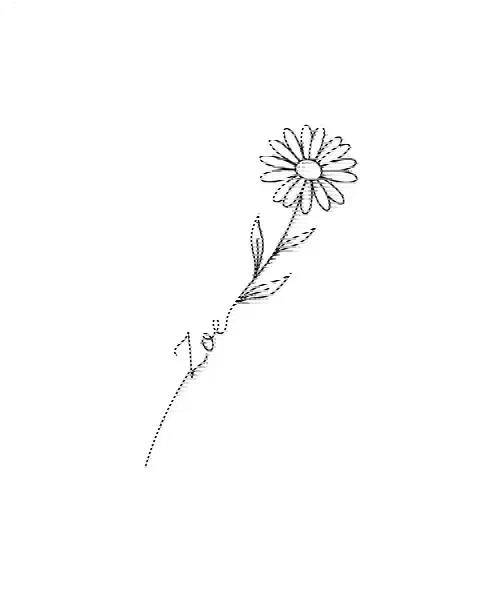 A minimal tattoo design of a single daisy with the name Zoe on its stem