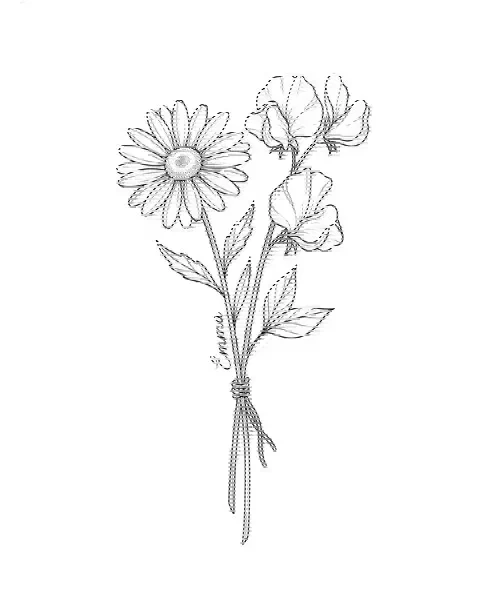 A fine-line tattoo design of daisy and sweet pea tied together, with the name Emma on a stem