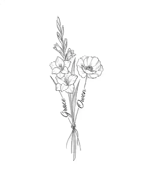A fine-line tattoo design of gladiolus and poppy tied together, with the names Grace and Owen on the stems