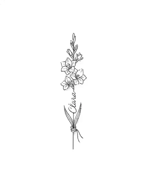 A minimal tattoo design of a single gladiolus with the name Clara on its stem