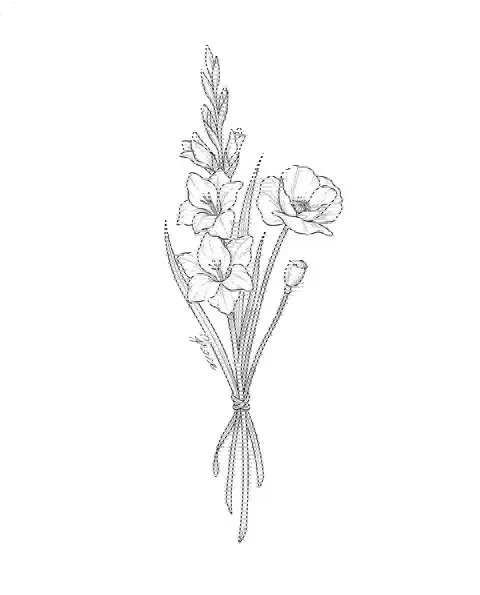 A fine-line tattoo design of gladiolus and poppy tied together, with the name Grace on a stem