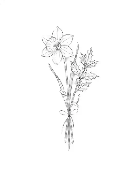 A fine-line tattoo design of narcissus and holly tied together, with the names Eli and June on the stems