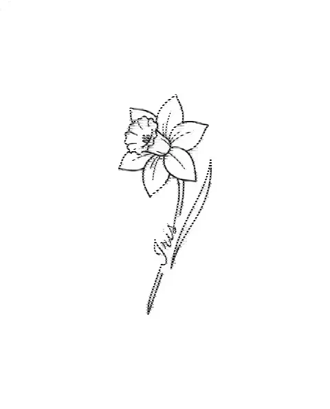 A minimal tattoo design of a single narcissus with the name Iris on its stem