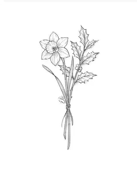 A fine-line tattoo design of narcissus and holly tied together, with the name Eli on a stem