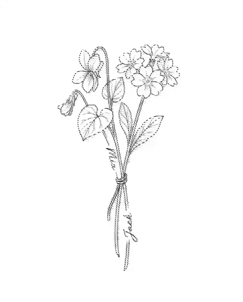 A fine-line tattoo design of violet and primrose tied together, with the names Mia and Jack on the stems