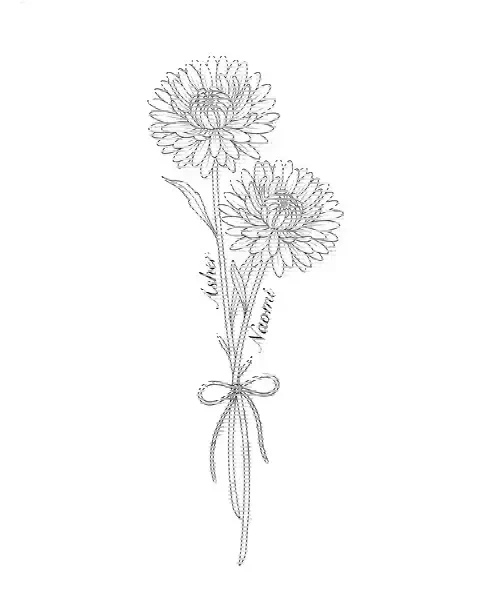 A fine-line tattoo design of two aster stems tied together, with the names Asher and Naomi