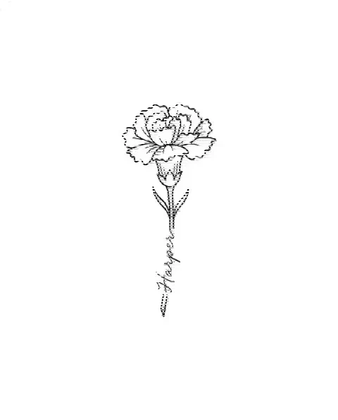 A minimal tattoo design of a small carnation with the name Harper