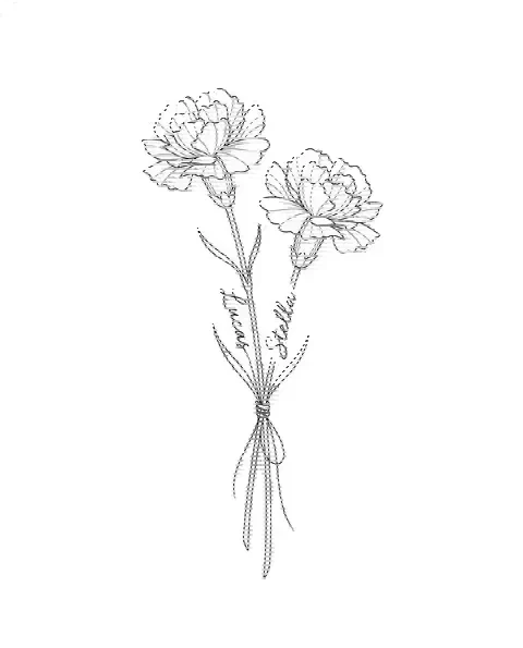 A fine-line tattoo design of two carnation stems tied together, with the names Lucas and Stella