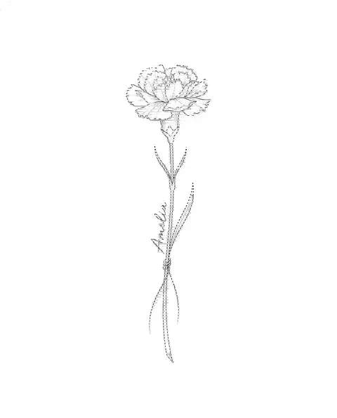A fine-line tattoo design of a carnation with the name Amelia along its stem
