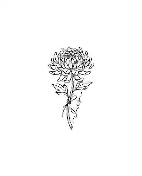 A minimal tattoo design of a small chrysanthemum with the name Iris