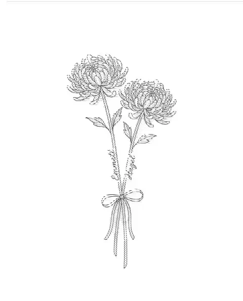 A fine-line tattoo design of two chrysanthemum stems tied together, with the names Emmett and Hazel
