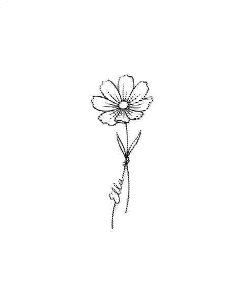 A minimal tattoo design of a small cosmos with the name Ella
