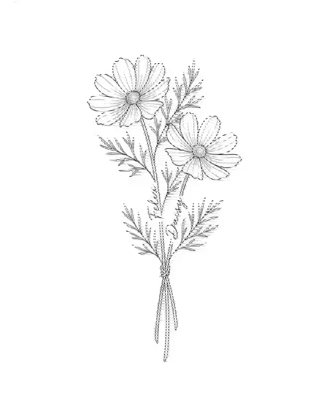 A fine-line tattoo design of two cosmos stems tied together, with the names Felix and Daisy