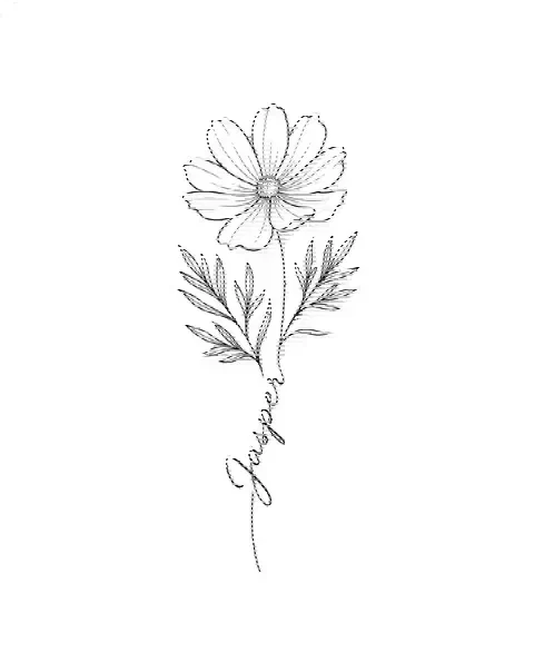 A fine-line tattoo design of a cosmos with the name Jasper along its stem