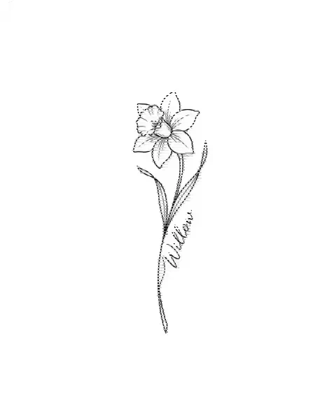 A minimal tattoo design of a small daffodil with the name Willow