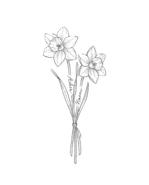 A fine-line tattoo design of two daffodil stems tied together, with the names Asher and Naomi