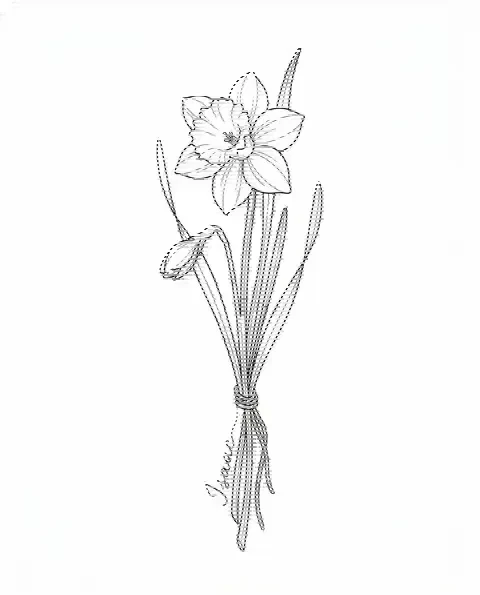 A fine-line tattoo design of a daffodil with the name Isaac along its stem