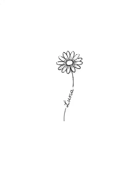 A minimal tattoo design of a small daisy with the name Luna