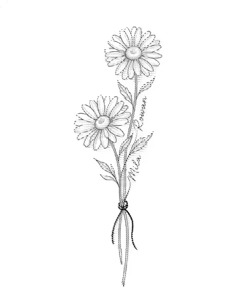 A fine-line tattoo design of two daisy stems tied together, with the names Rowan and Mila