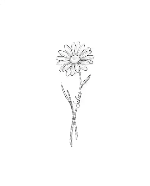 A fine-line tattoo design of a daisy with the name Silas along its stem