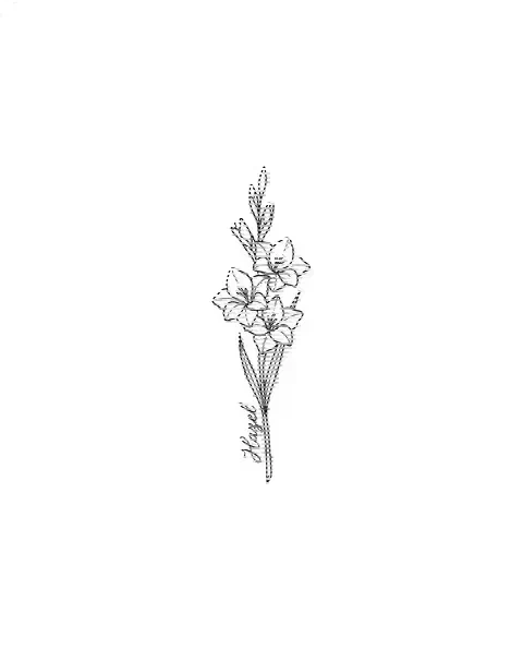 A minimal tattoo design of a small gladiolus with the name Hazel