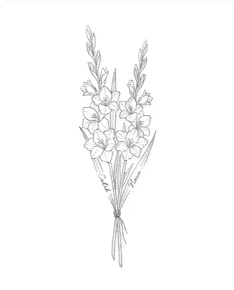 A fine-line tattoo design of two gladiolus stems tied together, with the names Caleb and Nova