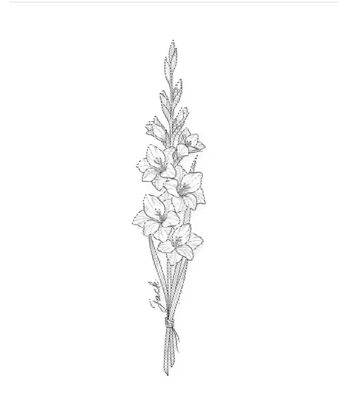 A fine-line tattoo design of a gladiolus with the name Jack along its stem