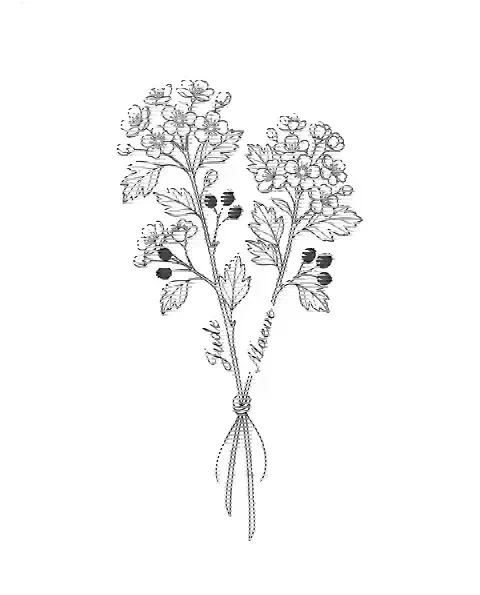 A fine-line tattoo design of two hawthorn stems tied together, with the names Jude and Maeve