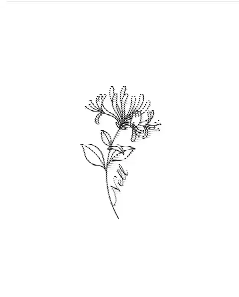 A minimal tattoo design of a small honeysuckle with the name Nell