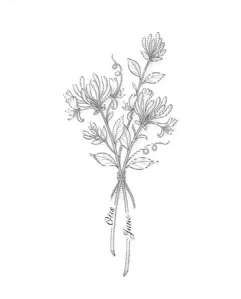 A fine-line tattoo design of two honeysuckle stems tied together, with the names Otis and June