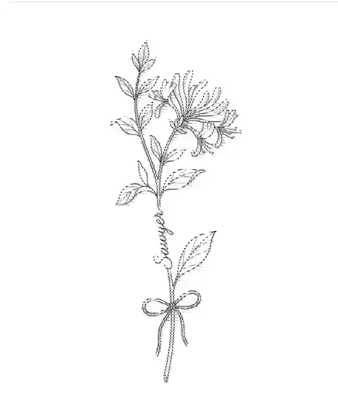 A fine-line tattoo design of a honeysuckle with the name Sawyer along its stem