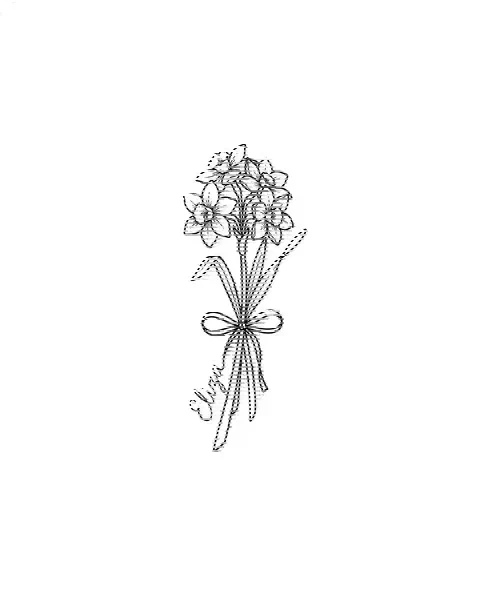 A minimal tattoo design of a small jonquil with the name Eliza