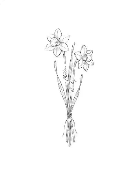 A fine-line tattoo design of two jonquil stems tied together, with the names Miles and Ruby