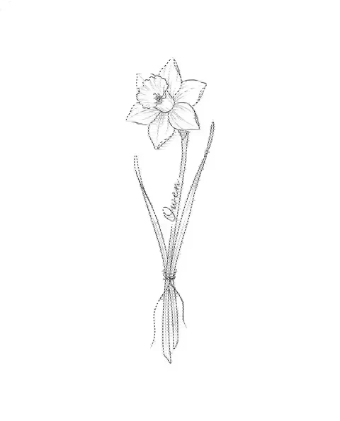 A fine-line tattoo design of a jonquil with the name Owen along its stem
