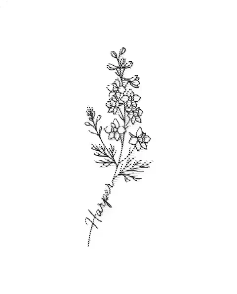 A minimal tattoo design of a small larkspur with the name Harper