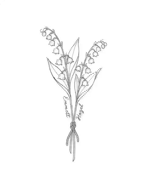 A fine-line tattoo design of two lily of the valley stems tied together, with the names Emmett and Hazel