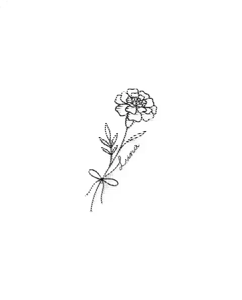 A minimal tattoo design of a small marigold with the name Luna