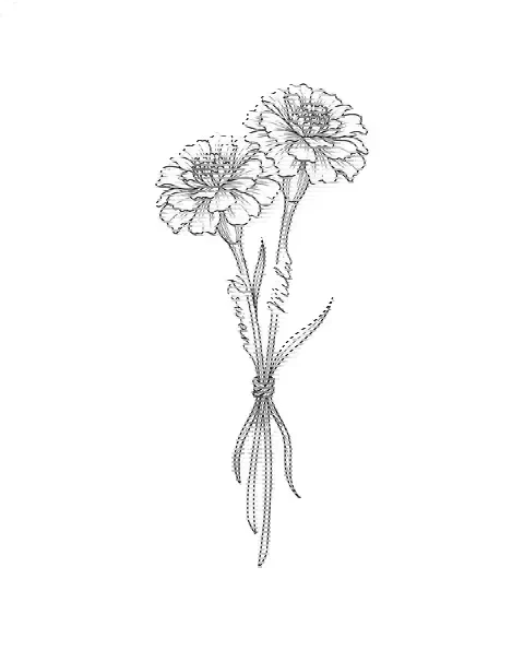 A fine-line tattoo design of two marigold stems tied together, with the names Rowan and Mila