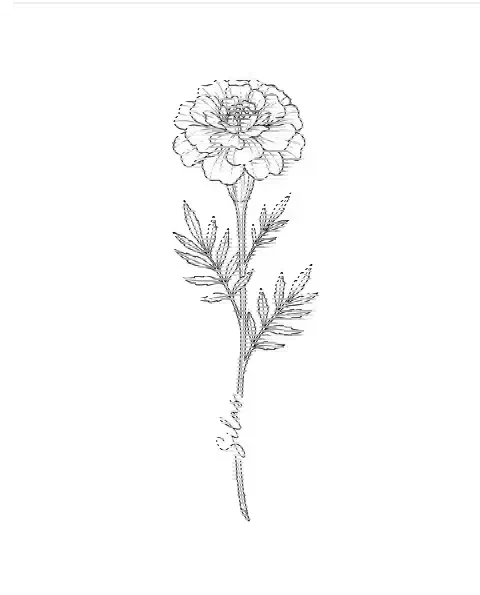 A fine-line tattoo design of a marigold with the name Silas along its stem