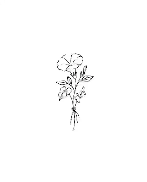 A minimal tattoo design of a small morning glory with the name Eliza
