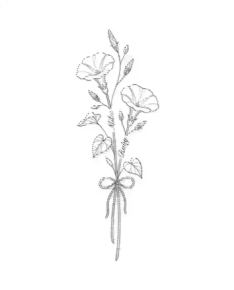 A fine-line tattoo design of two morning glory stems tied together, with the names Miles and Ruby