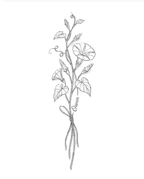 A fine-line tattoo design of a morning glory with the name Owen along its stem