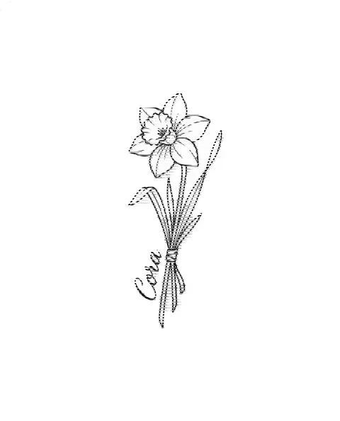 A minimal tattoo design of a small narcissus with the name Cora