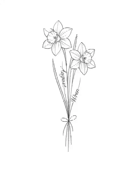 A fine-line tattoo design of two narcissus stems tied together, with the names August and Wren