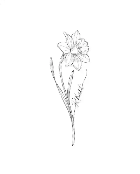 A fine-line tattoo design of a narcissus with the name Rhett along its stem