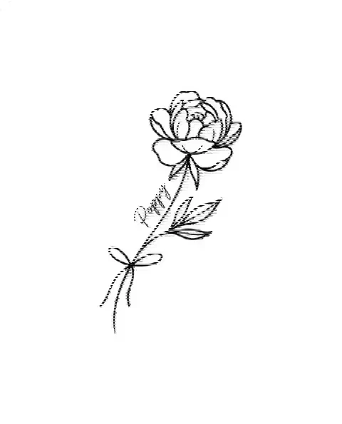 A minimal tattoo design of a small peony with the name Poppy