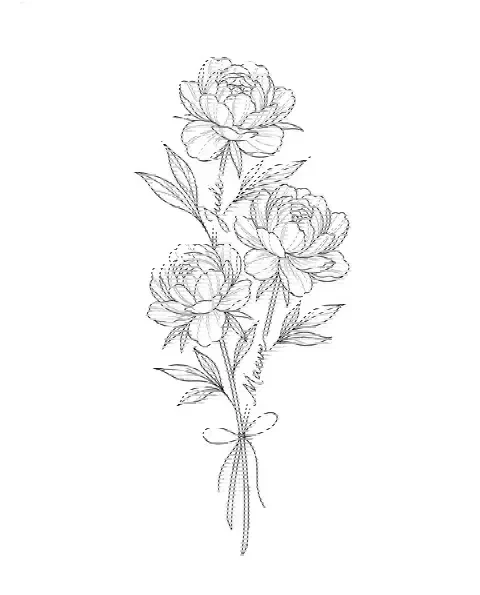A fine-line tattoo design of two peony stems tied together, with the names Jude and Maeve