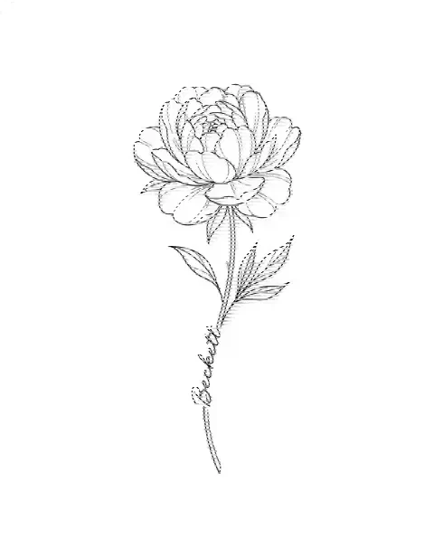 A fine-line tattoo design of a peony with the name Beckett along its stem