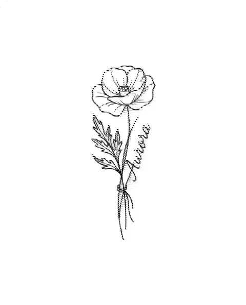 A minimal tattoo design of a small poppy with the name Aurora